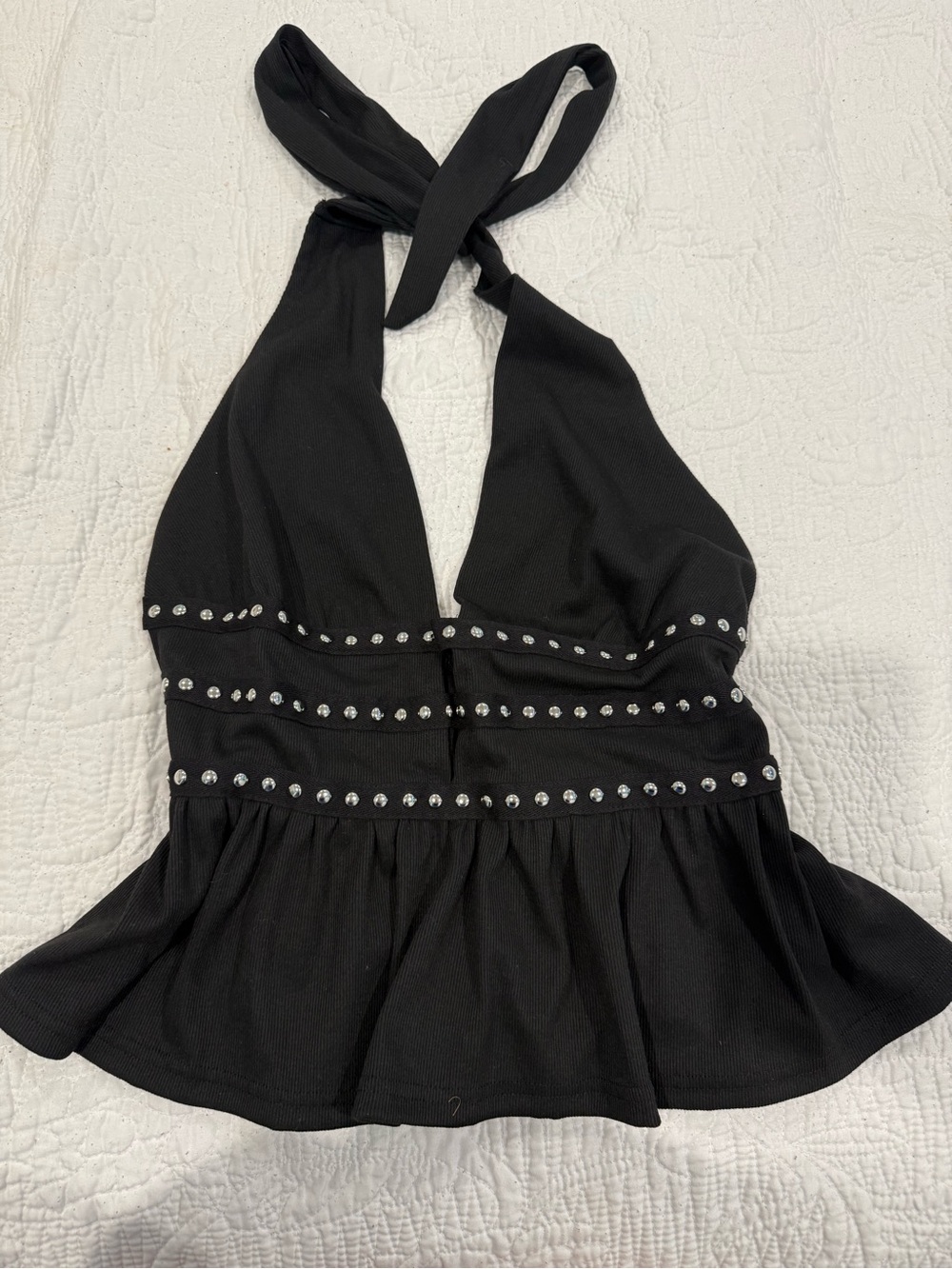 SHEIN Black Halter Peplum Top with Stud Trim